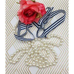 Vineyard Haven NWT Long Strand Knotted Faux Pearl Necklace Nautical Ribbon Tie